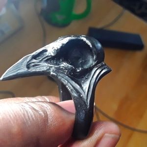ONE OF A KIND handmade marble black crow skull ring size 10